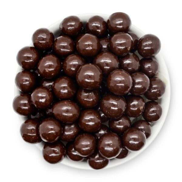 Dark-chocolate-malt-balls-bowl-top-view-www Lorentanuts Com Protein Punch