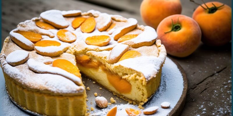 Delicious apricot cake with sugar powder strewn on a patio table