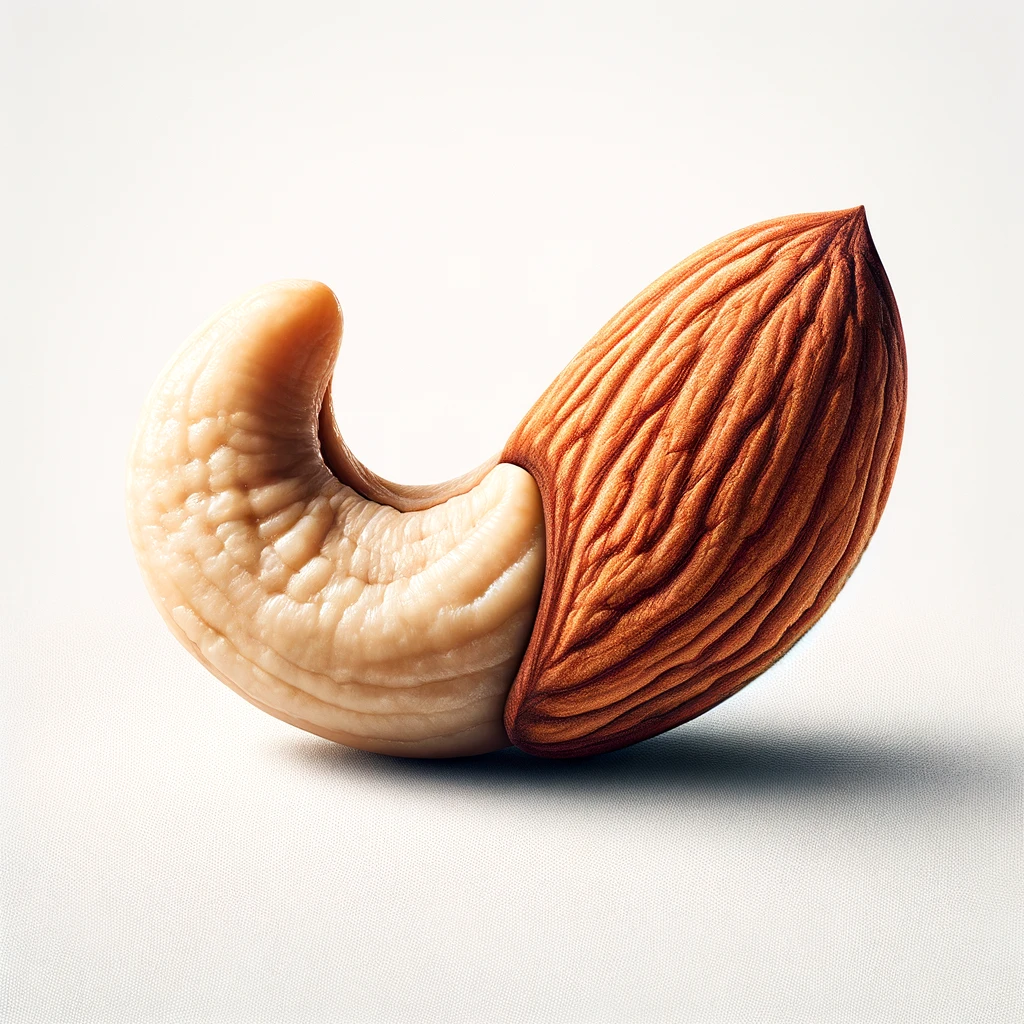 1 DALL·E 2024 03 20 10.43.51 Craft a highly realistic image combining a cashew and an almond into a single innovative nut without including any text in the image. This unique cr