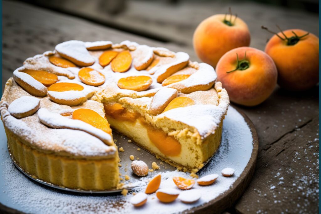 Almond and Dried Apricot Ice Cream Cake Recipe 1 Delicious apricot cake with sugar powder strewn on a patio table